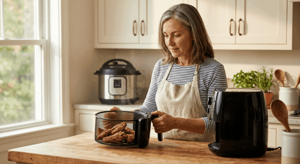 Carol pulling chicken wings from an air fryer basket - air fryer and pressure cooker guide