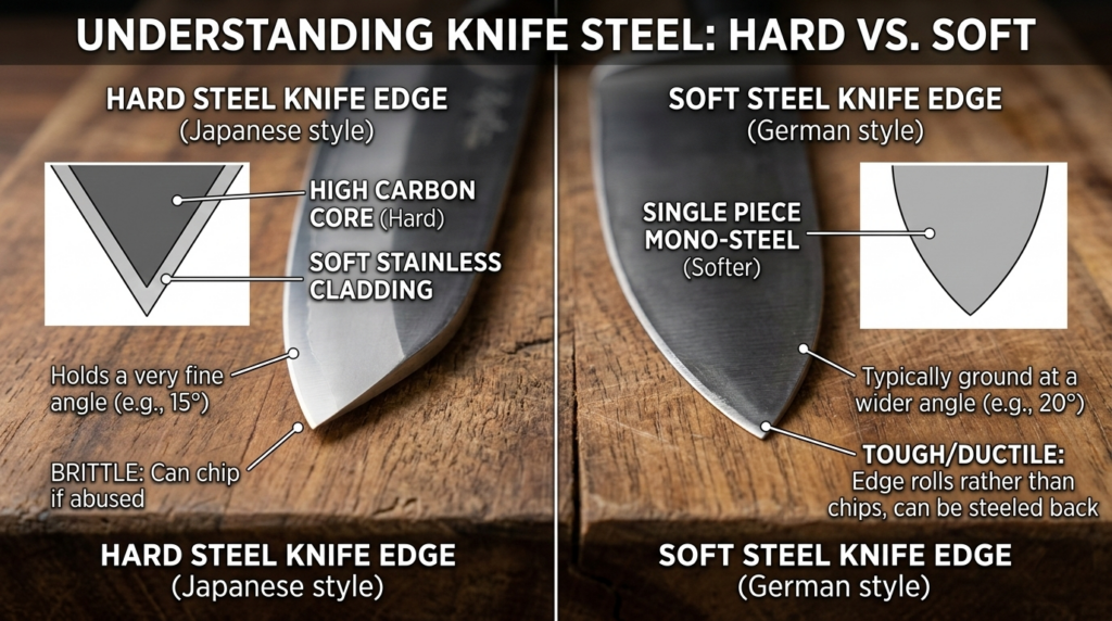 Three kitchen knives side by side showing different blade profiles, relevant to choosing a kitchen knife by shape and style