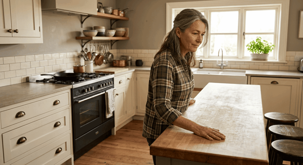 Kitchen Appliance Bundles for New Homeowners: What to Buy First 17 Carol considering kitchen appliance bundles for new homeowners while standing at her butcher block island in morning light