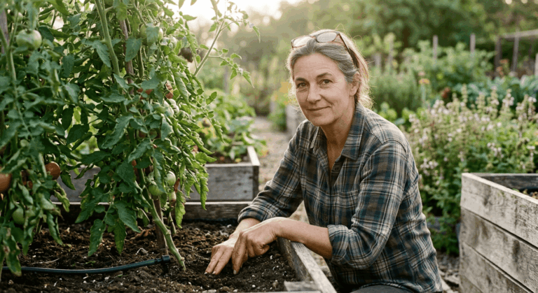 Best fertilizers for vegetable gardens shown alongside thriving tomato and pepper plants in a raised bed