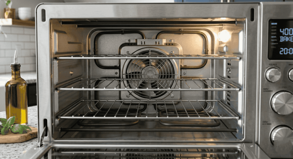 Close-up of convection oven interior with door fully open showing multiple racks, heating elements, and the fan mechanism that circulates hot air throughout the cooking chamber