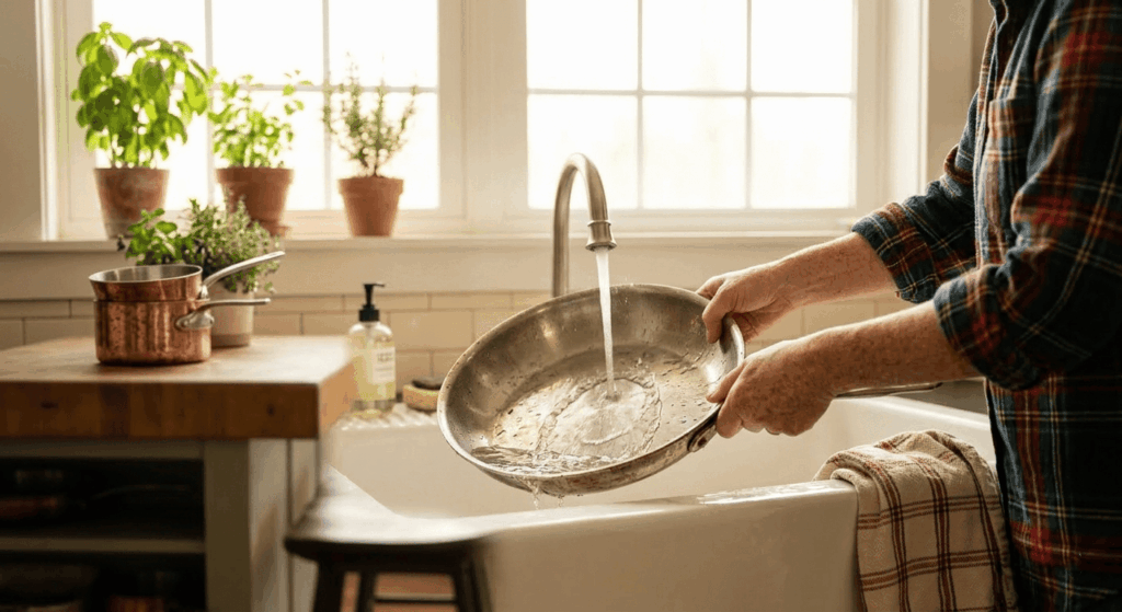 Cleaning a stainless steel pan at the sink, illustrating the low-maintenance care that makes stainless cookware a durable long-term choice