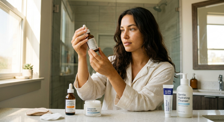 Young woman reading skincare ingredient label as part of building an advanced skincare routine, warm morning light