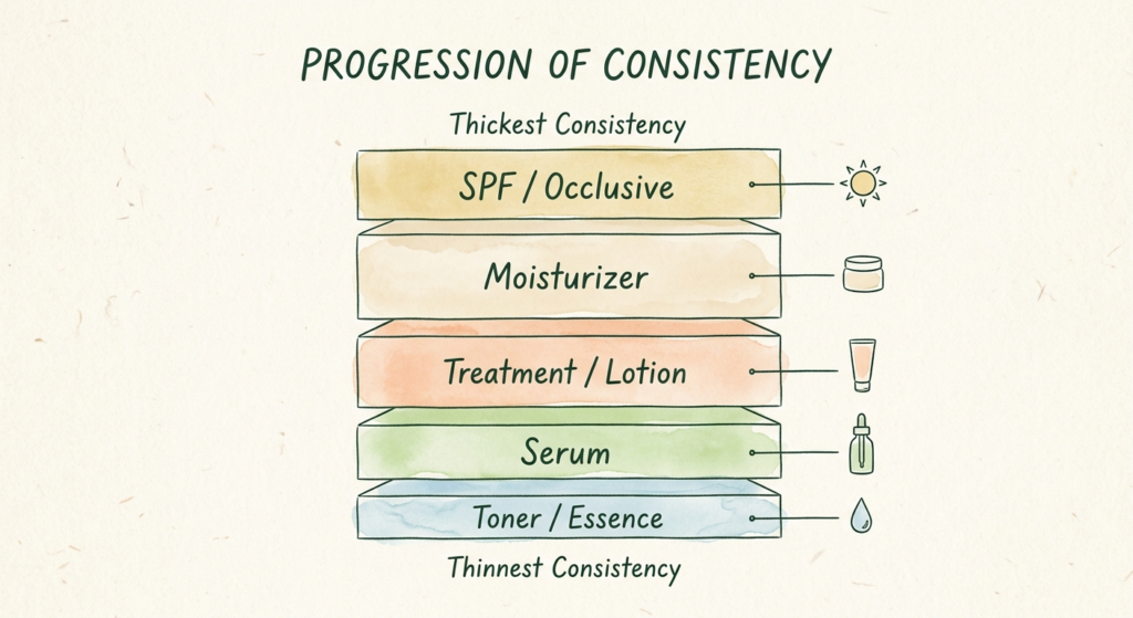 Illustrated diagram showing the thin-to-thick skincare layering order from toner to sunscreen