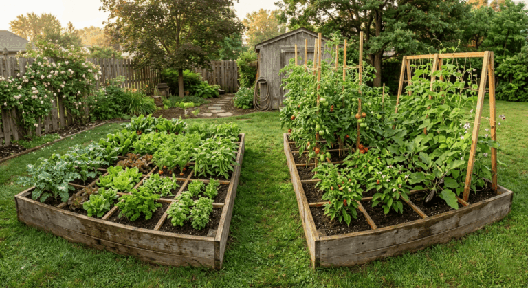 Two productive raised beds using a square foot gardening grid with diverse vegetables at different growth stages