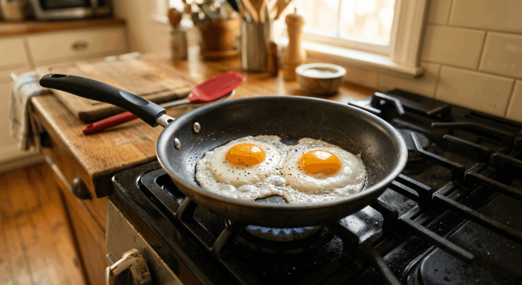 Eggs cooking in a non-stick pan on gas range - how to use non-stick pans correctly