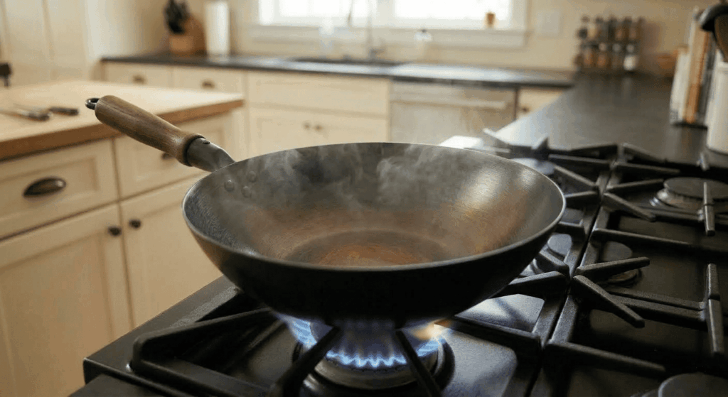 Carbon steel wok preheating on a gas burner with blue flames visible around the base, ready for stir frying