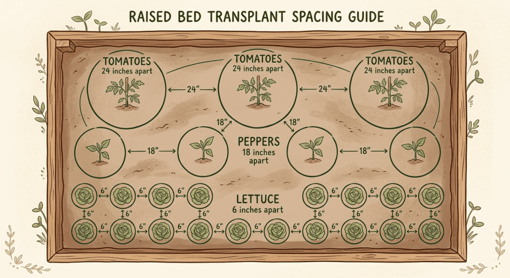 Illustrated overhead diagram showing correct plant spacing in a raised bed for tomatoes, peppers, and lettuce