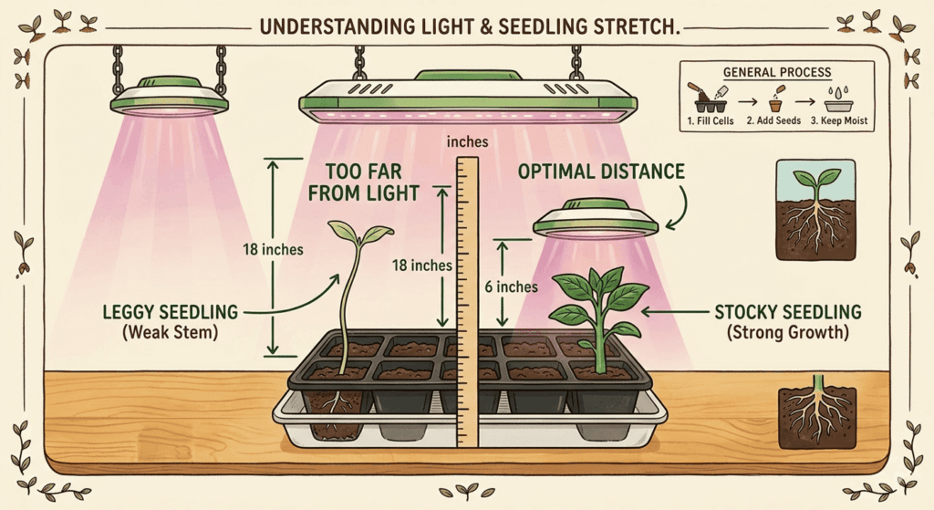 Illustrated diagram showing correct grow light distance above seed starting trays for compact vs leggy seedling growth