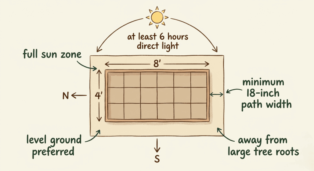 Raised Bed Gardening for Beginners: Build, Fill, and Plant 2026 26 Overhead diagram showing proper raised bed placement for full sun and good drainage in a backyard