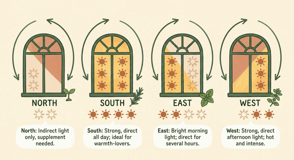 How to Grow an Indoor Herb Garden: Best Herbs, Containers, and Light Requirements 31 Educational diagram showing indoor herb garden light requirements by window direction