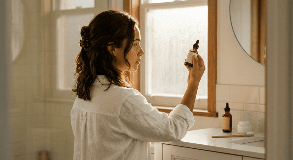 woman examining retinol serum bottle in morning bathroom light, learning how to start using retinol for the first time 