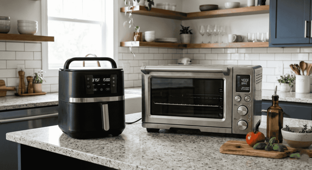 Air fryer vs convection oven side by side on kitchen counter showing the significant size difference between the compact air fryer and larger convection oven, both in a modern, well-lit kitchen