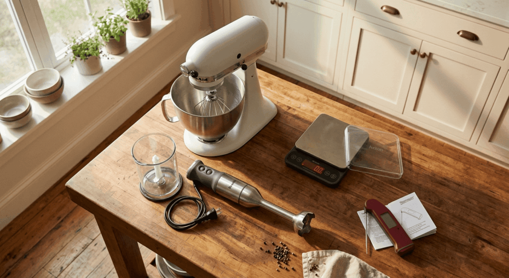Stand mixer, immersion blender, kitchen scale, and thermometer on butcher block - specialty kitchen tools