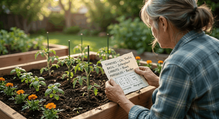 Companion planting guide overhead view of a raised bed garden showing tomatoes, basil, and marigolds growing together