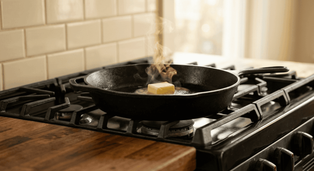 Seasoned cast iron skillet on gas range with butter melting - cast iron cookware section