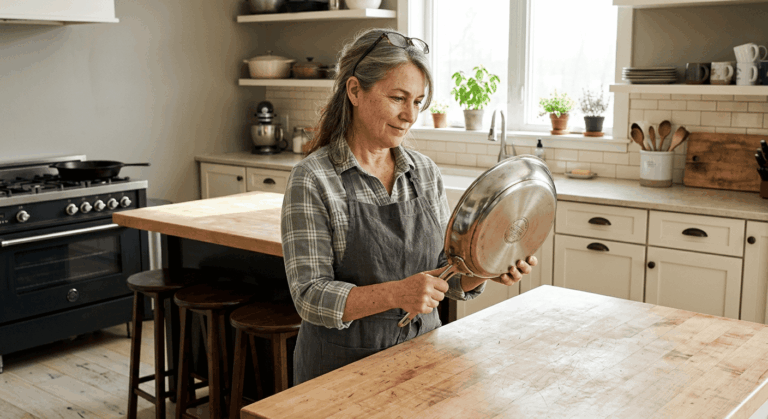 Carol examining the base of a stainless steel clad cookware pan in her Nashville kitchen morning light