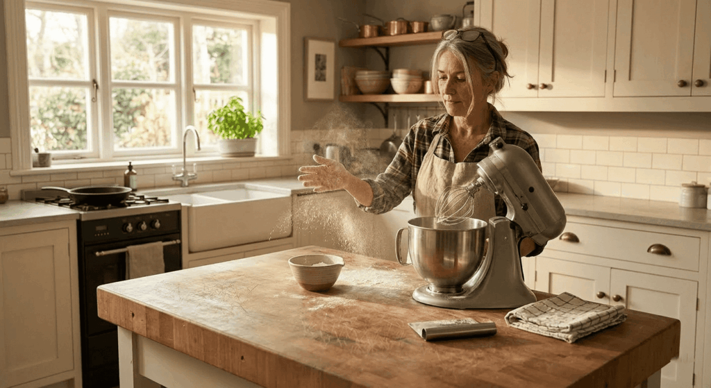 Kitchen Appliance Bundles for New Homeowners: What to Buy First 19 Carol adding flour to a stand mixer at her Nashville kitchen island, natural morning light