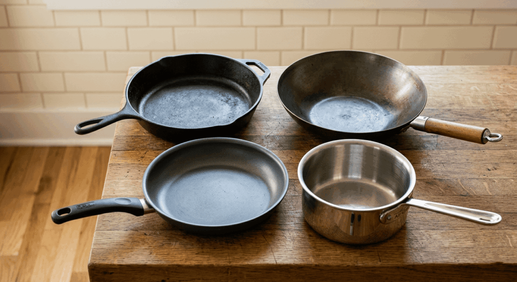 Four cookware types on butcher block - cast iron, stainless steel, non-stick, and carbon steel