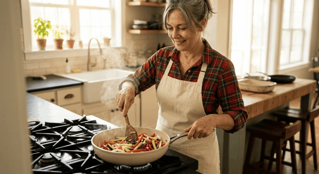 Vegetables being sautéed in a ceramic-coated pan, a common use case for ceramic vs non-stick cookware in home kitchens