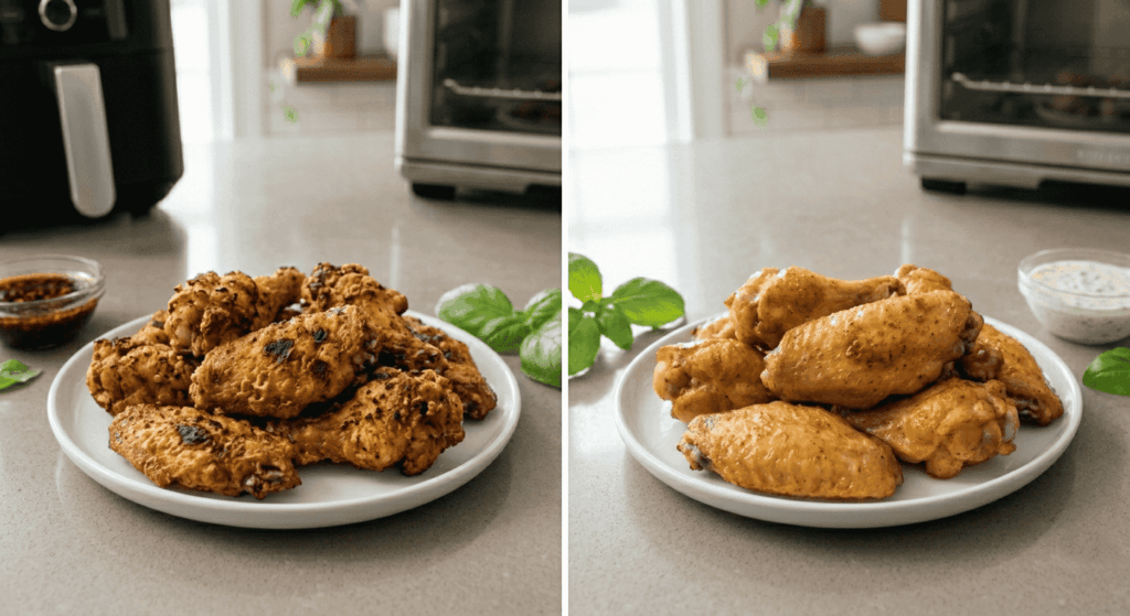 Two plates showing side-by-side comparison of air-fried food with intense golden-brown crisping on the left versus convection-roasted food with more even, moderate golden coloring on the right, illustrating the different cooking results from each appliance