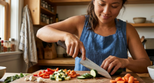 A home cook using a proper pinch grip on a chef's knife while prepping vegetables, showing how to choose a kitchen knife by fit and feel