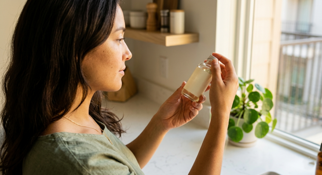 Woman reading a skincare product ingredient label to determine the correct layering order in her routine