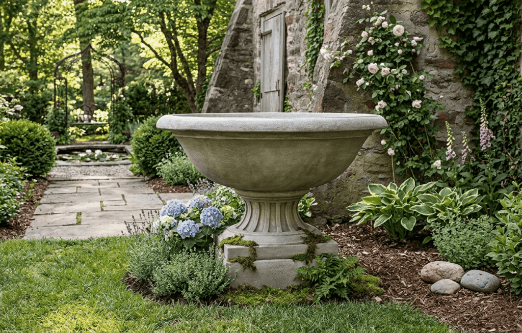 Campania International Cast Stone Urn Planter. Classic urn profile suits traditional, cottage, and formal garden styles