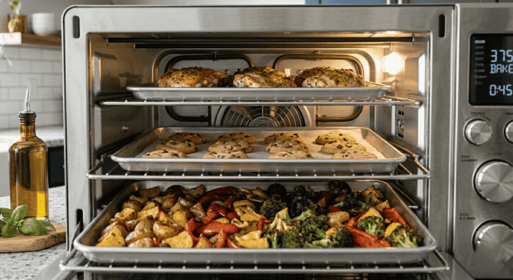 Convection oven interior with door open showing three sheet pans on separate racks loaded with roasted vegetables, cookies, and protein simultaneously, demonstrating the large batch cooking capacity compared to air fryers
