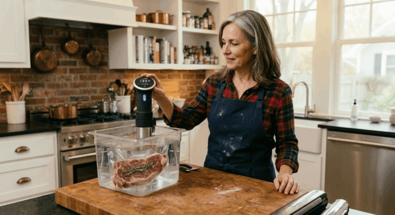Best sous vide machines set up in a home kitchen with a water bath container on the counter