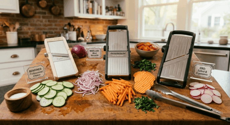 Best mandoline slicers of 2026 displayed on a wooden cutting board with sliced vegetables