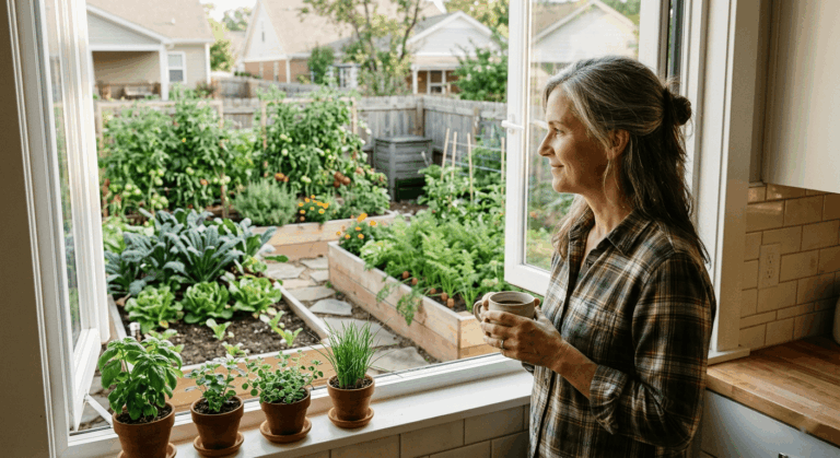 Carol Whitfield looking out from her Nashville kitchen window at a productive raised bed garden with multiple crops in various stages of a succession planting harvest