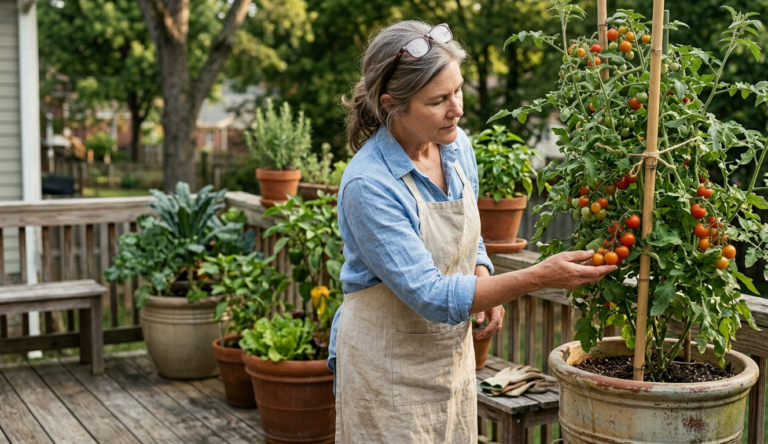 Carol inspecting a large container tomato plant on her Nashville deck, one of the best vegetables to grow in containers for summer production
