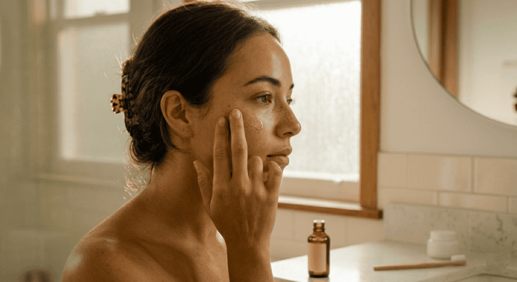 woman applying retinol serum with fingertip in warm bathroom light during beginner skincare routine