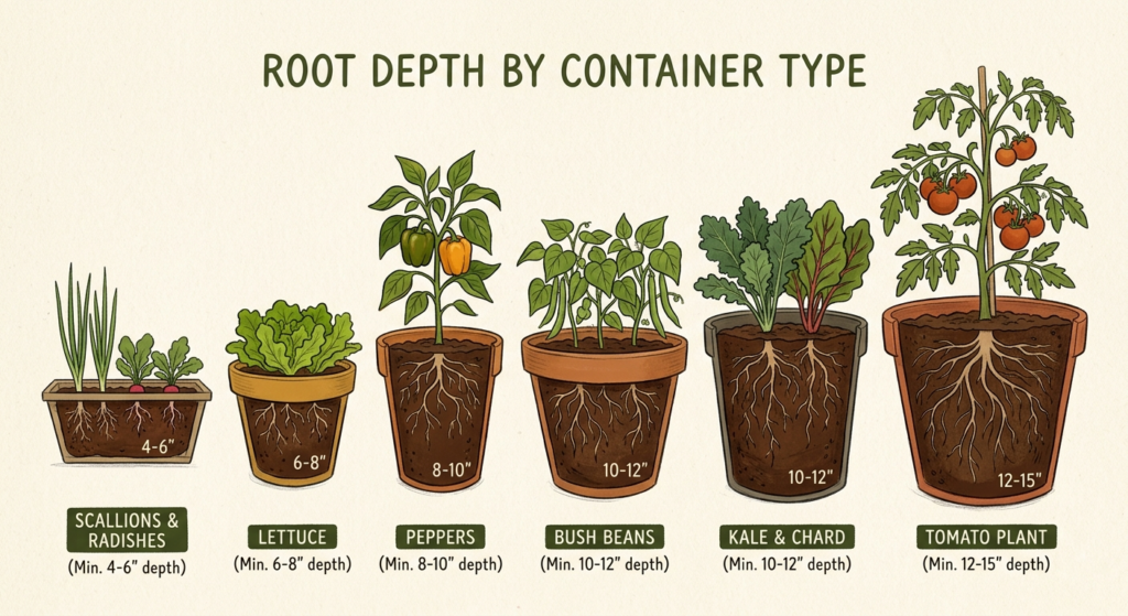 illustrated diagram comparing root depth requirements for the best vegetables to grow in containers, from scallions to tomatoes
