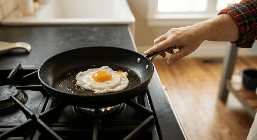 A fried egg cooking in a non-stick pan, showing the easy release that makes non-stick cookware ideal for eggs