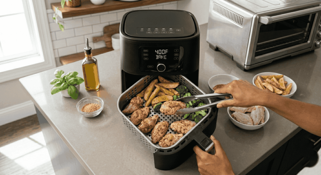 Overhead view of hands placing food items into a small perforated air fryer basket, demonstrating the compact cooking chamber size and batch-loading capacity of air fryers