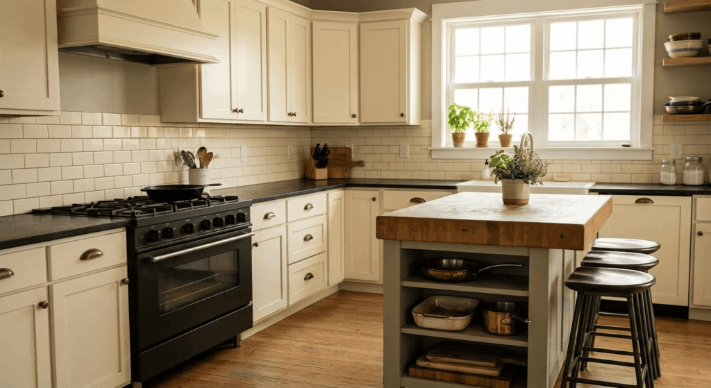 A well-organized home kitchen with stainless steel and non-stick pans, reflecting how most cooks use multiple cookware materials