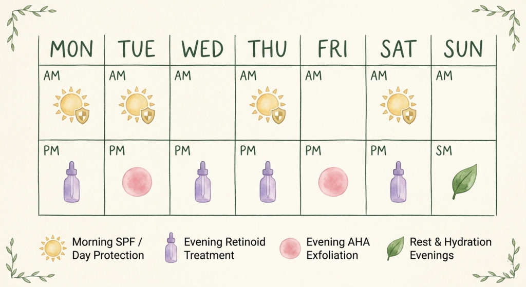 Illustrated weekly skincare routine schedule showing how to alternate actives and layering order across the week