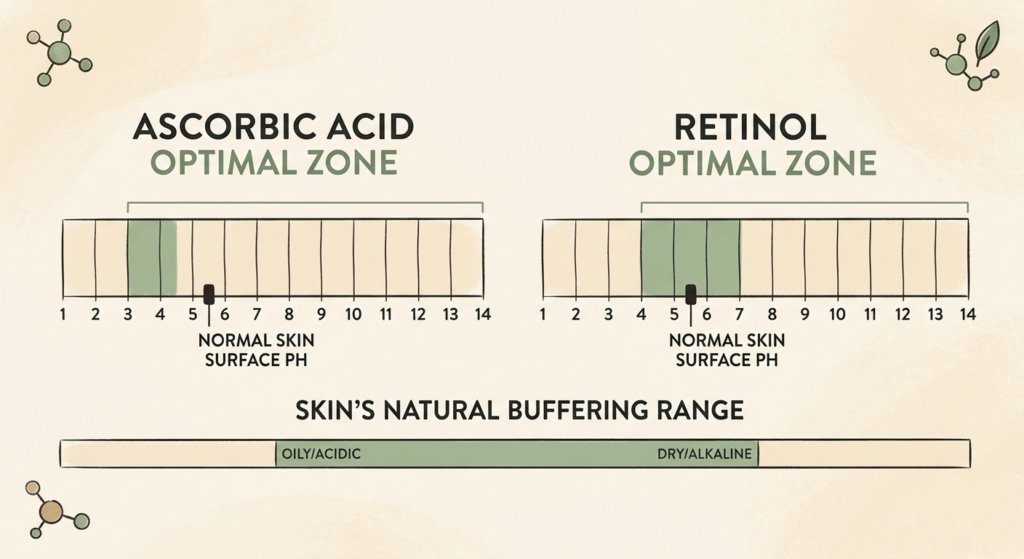 How to Layer Vitamin C and Retinol Without Irritating Your Skin 14 pH scale diagram showing the optimal ranges for vitamin C ascorbic acid and retinol activity compared to normal skin pH