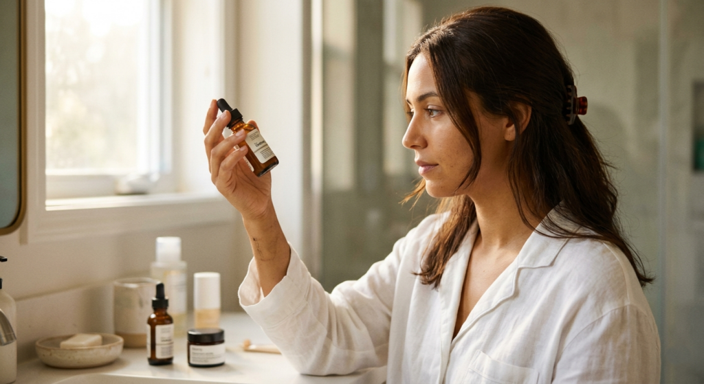 How to Layer Vitamin C and Retinol Without Irritating Your Skin 13 How to layer vitamin C and retinol: Lily studying a vitamin C serum label in warm morning bathroom light