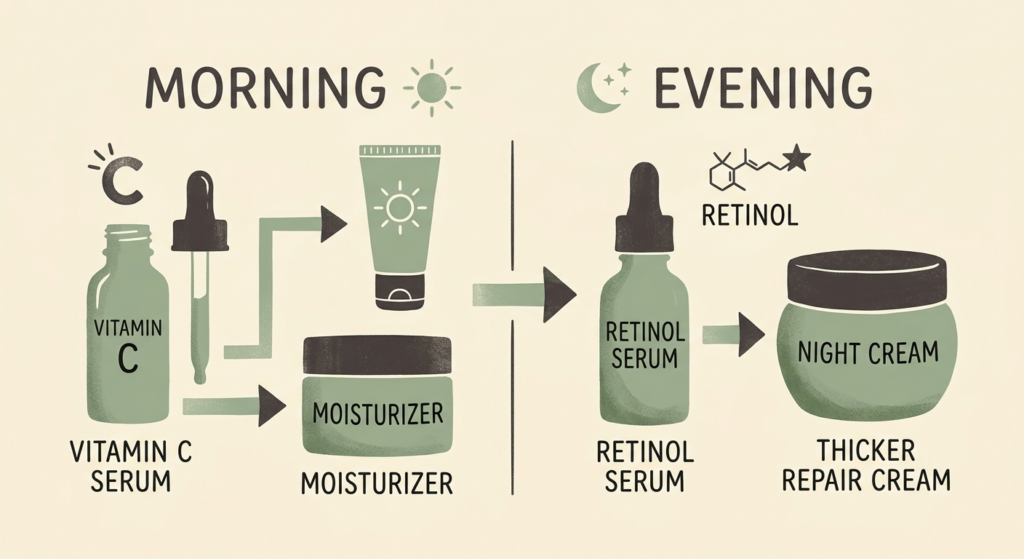How to Layer Vitamin C and Retinol Without Irritating Your Skin 17 AM and PM skincare routine diagram showing where vitamin C and retinol fit in a layered daily skincare schedule