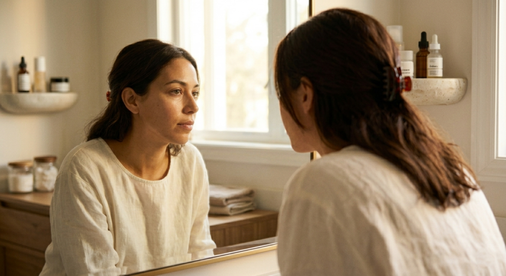 How to Layer Vitamin C and Retinol Without Irritating Your Skin 16 Lily examining skin condition in bathroom mirror as part of a consistent vitamin C and retinol skincare routine